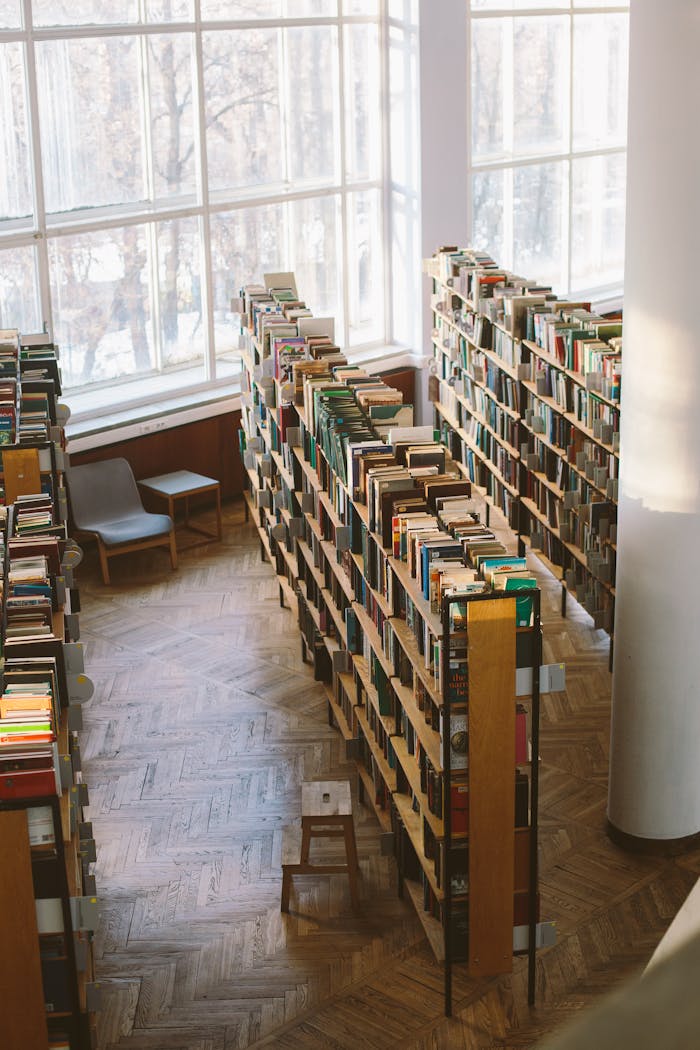 Bright library view with wooden shelves filled with books, perfect for study and research.